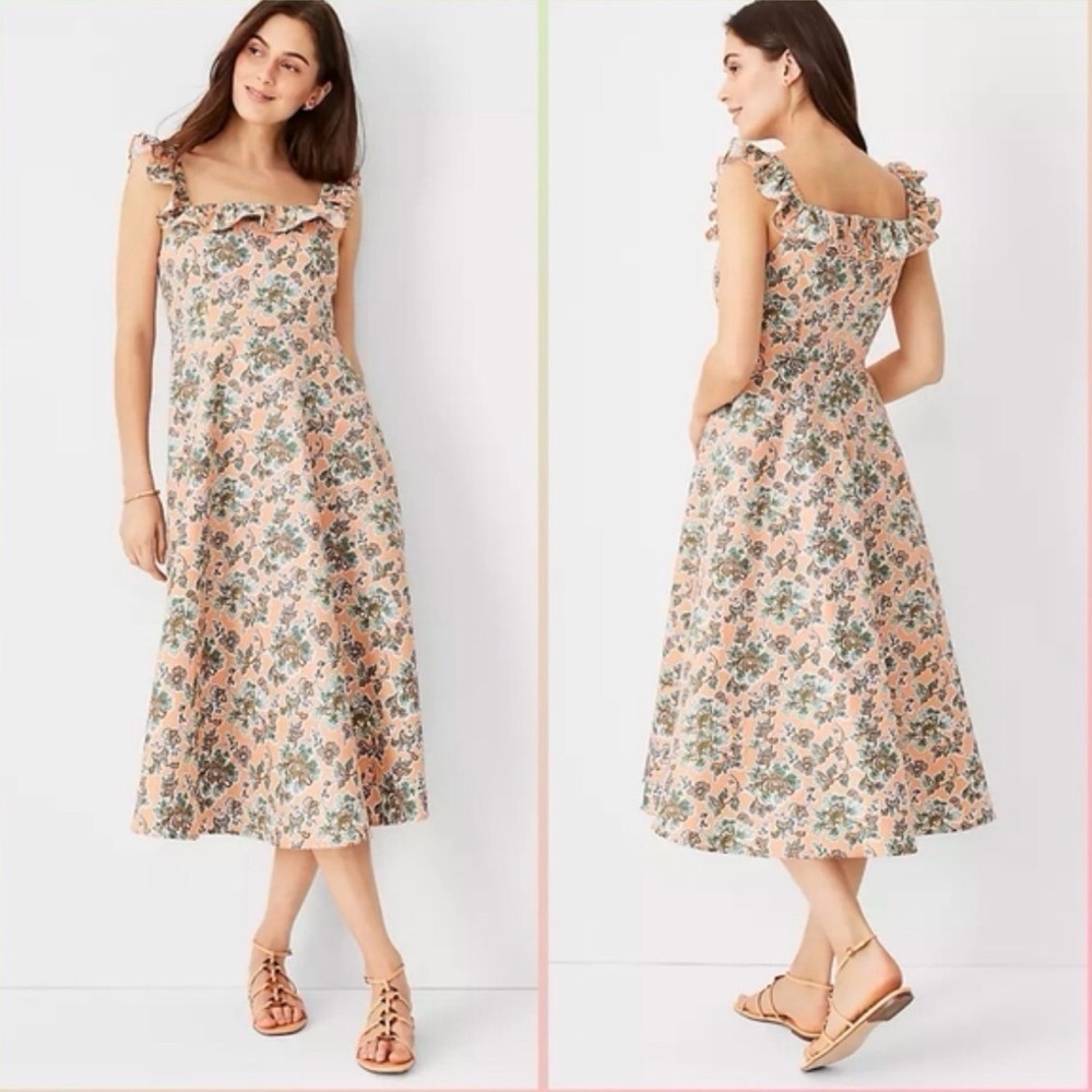 NWOT Ann Taylor Floral Cotton & Linen Peach Ruffle Neck Midi Dress